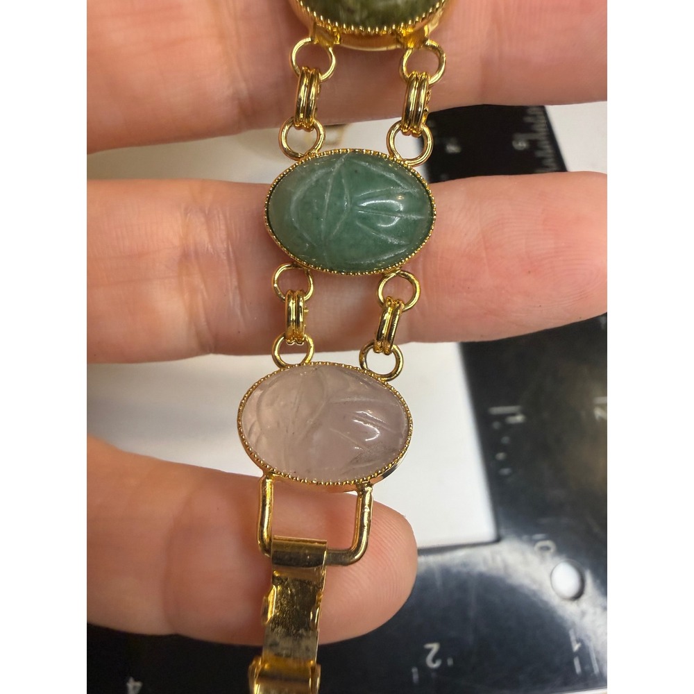 Multi Stone Scarab Link Bracelet Gold Tone Carved Gemstone 7.5 Inch
